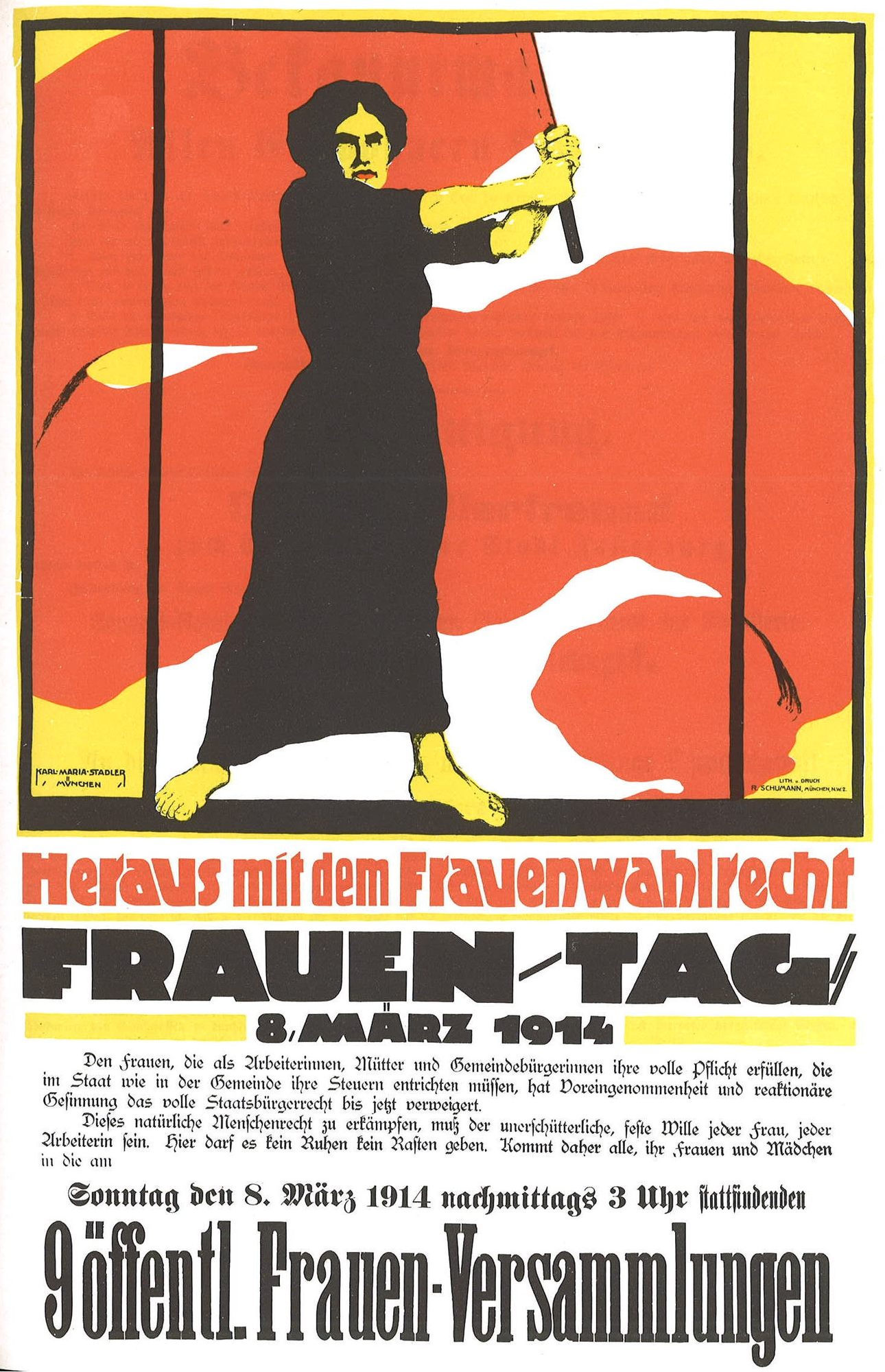 Karl Maria Stadler poster showing a woman raising a red flag and calling for women’s voting rights, 8 March 1914